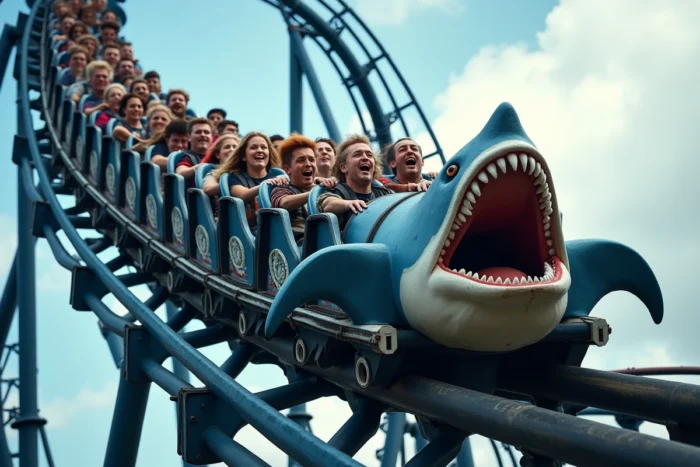 Les passagers du Mecalodon en pleine action sur les rails acier du grand huit à thème requin de Walibi Belgique