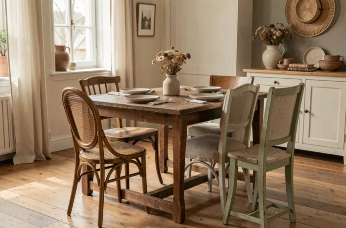 Mélange d'assises dépareillées en rotin, bois bistrot et lin autour d'une table en bois dans une salle à manger française