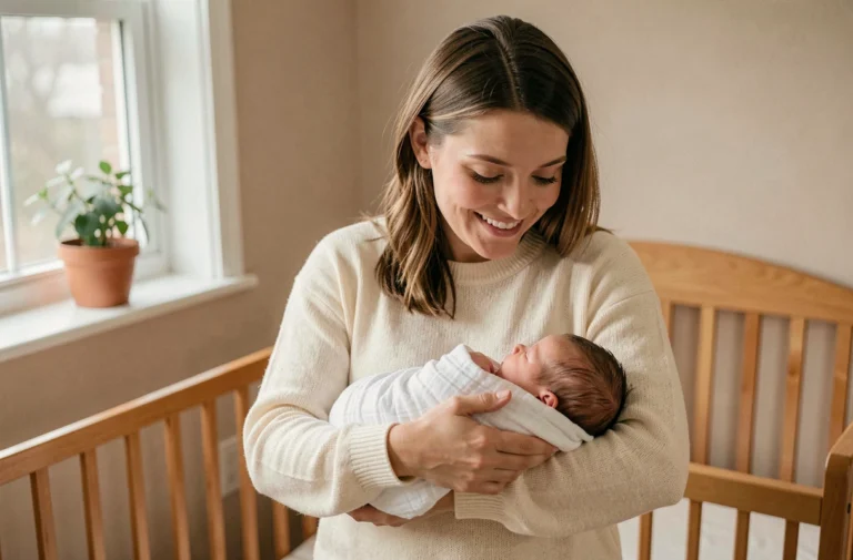 Jeune mère tenant tendrement son nouveau-né emmailloté dans une chambre de bébé douce et apaisante