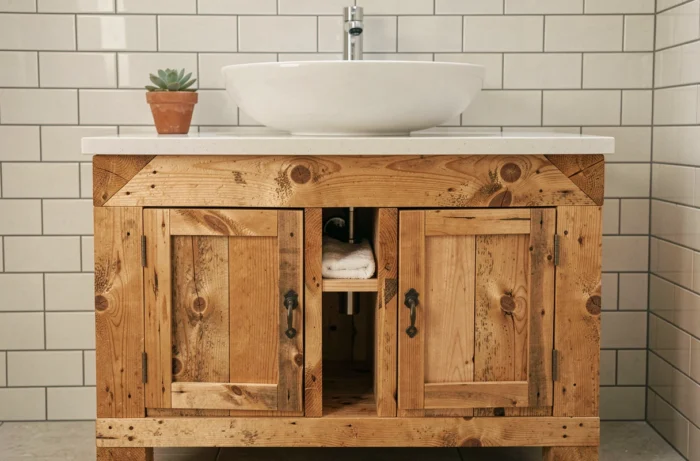 Meuble sous vasque fabriqué en palettes de bois recyclées avec portes en fer forgé et vasque blanche dans une salle de bains carrelée