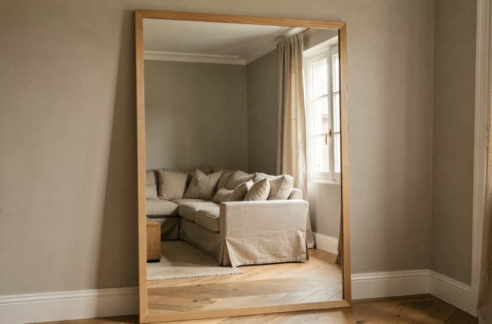 Grand miroir surdimensionné à cadre en chêne naturel reflétant le salon et agrandissant visuellement l'espace