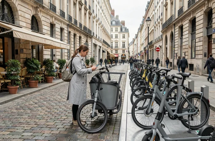 Femme utilisant un vélo cargo électrique dans une station de mobilité partagée en centre-ville européen, tendances des transports urbains durables en 2024