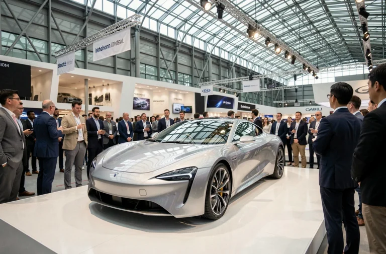 Voiture concept exposée au Mondial de l'Automobile de Paris 2026, entourée de visiteurs dans un hall moderne