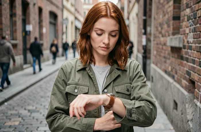 Jeune femme vérifiant l'heure sur une montre portée à l'intérieur du poignet dans une rue pavée urbaine