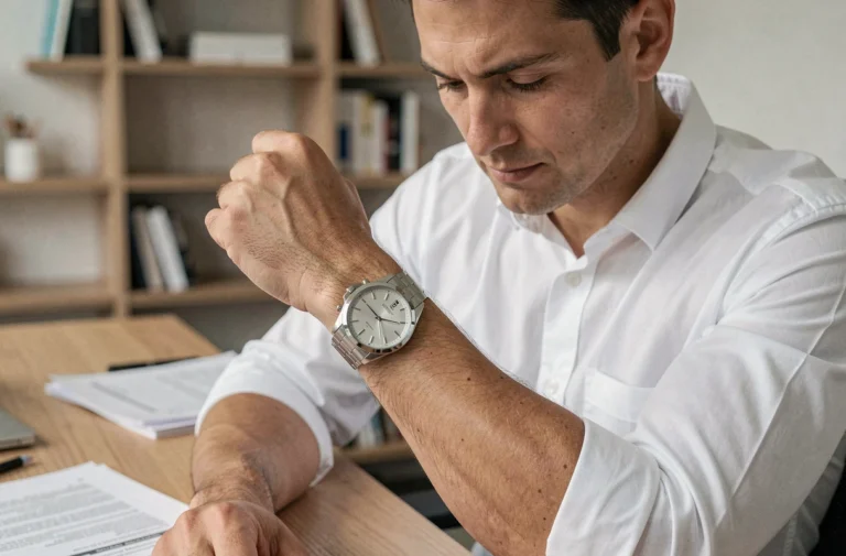 Homme d'affaires portant sa montre côté intérieur du poignet dans un bureau moderne minimaliste