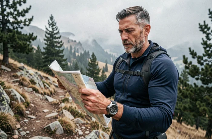 Randonneur expérimenté consultant sa montre portée à l'intérieur du poignet lors d'une randonnée en montagne