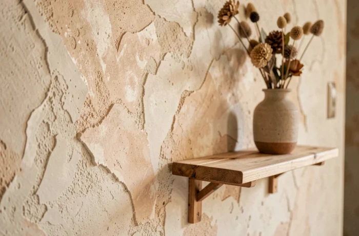 Mur en enduit à la chaux avec texture artisanale organique et finition sablée dans un intérieur contemporain