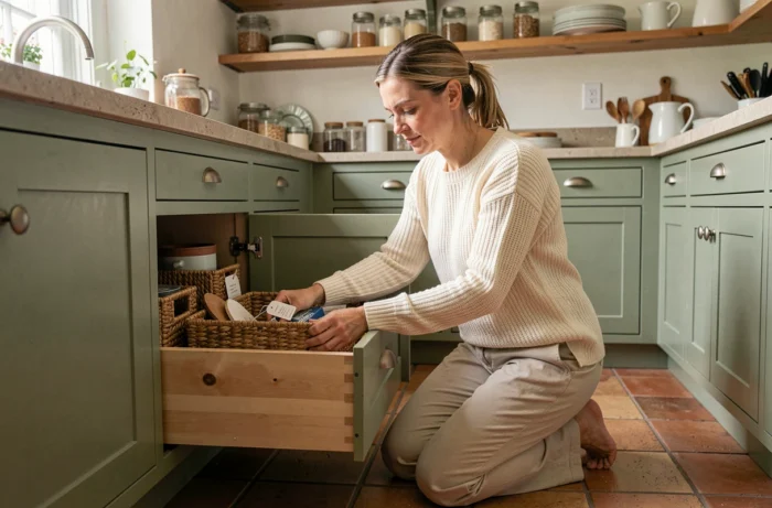 Femme organisant l'intérieur d'un placard de cuisine en style maison de campagne moderne avec des paniers tressés et des étiquettes de rangement