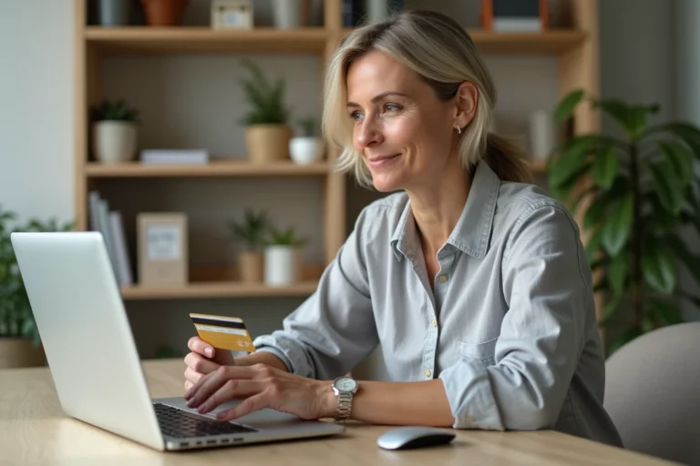 Femme effectuant un paiement immobilier en ligne sur son ordinateur portable depuis son bureau à domicile