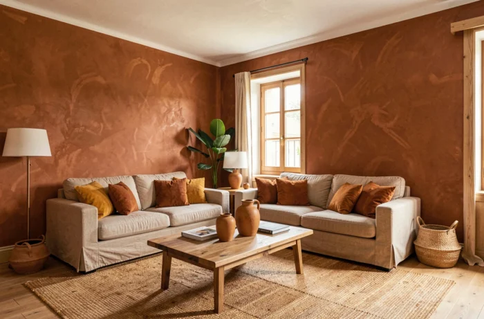 Salon décoré dans une palette terracotta et ocre avec canapé en lin, coussins brûlés et objets céramiques chaleureux