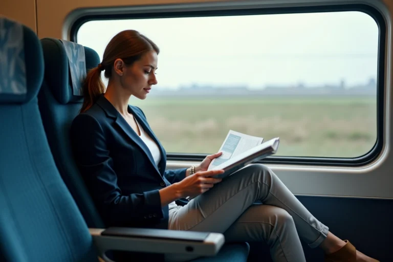 Passagère en train à grande vitesse Eurostar ou TGV assise côté fenêtre en classe première avec vue sur la campagne européenne