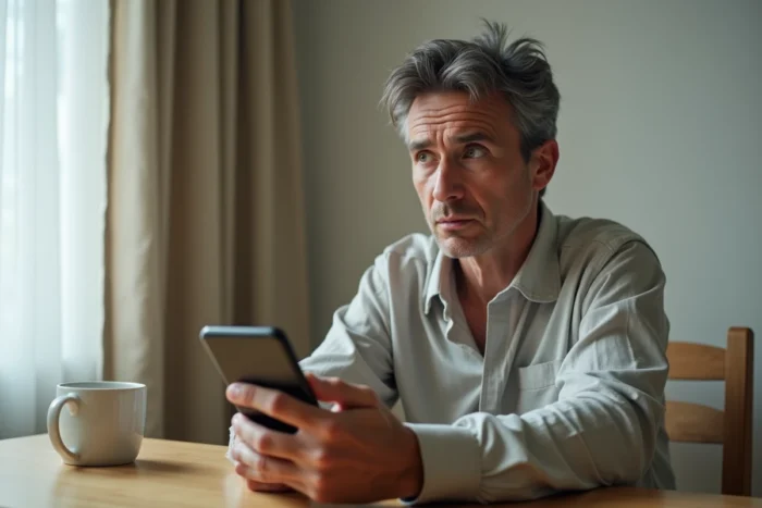 Personne inquiète consultant son smartphone face aux risques juridiques liés aux fuites de données personnelles