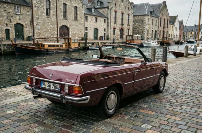 Peugeot 305 cabriolet bordeaux vue de trois quarts arrière sur un quai pavé d'un port fluvial français avec bateaux amarrés