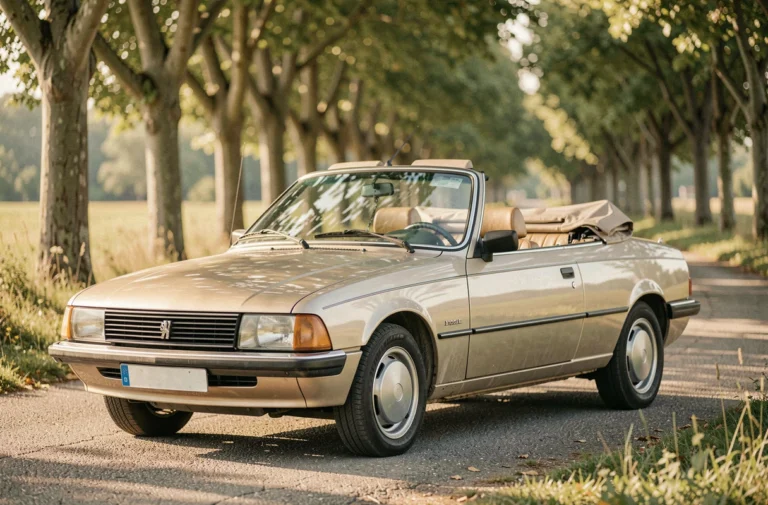 Peugeot 305 décapotable beige métallisée garée sur une route de campagne française bordée de platanes, vue trois quarts avant