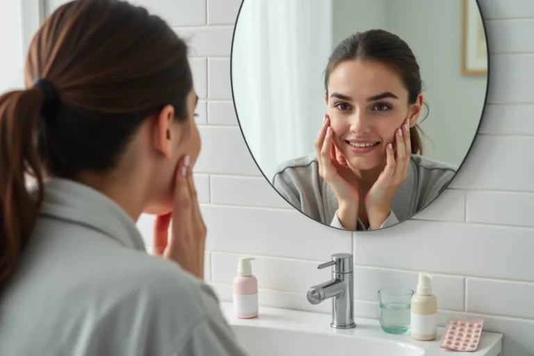 Jeune femme examinant sa peau dans un miroir de salle de bain avec une plaquette de pilule contraceptive posée sur le meuble