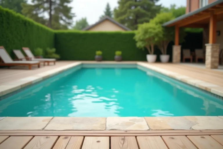 Piscine enterrée rectangulaire avec margelles en pierre naturelle et terrasse en bois dans un jardin résidentiel soigné