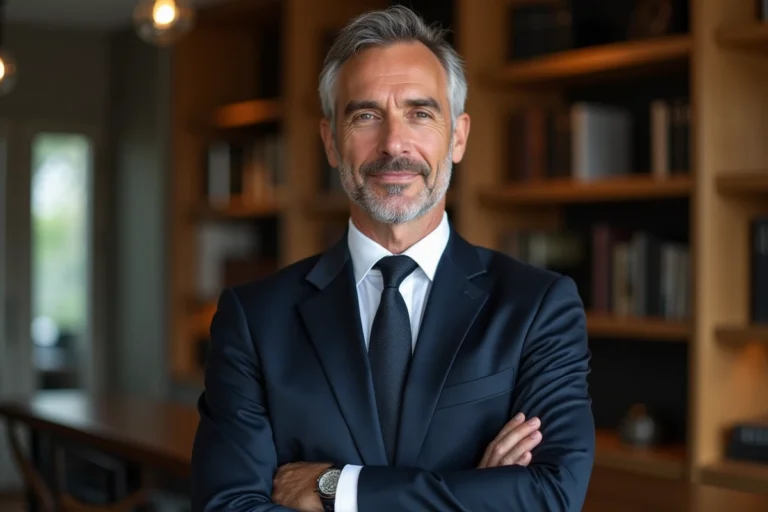 Portrait d'un homme politique français en costume sombre dans un intérieur parisien raffiné