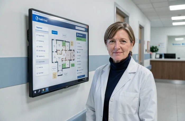 Professionnelle de santé présentant le sitemap d'un portail e-santé sur un écran mural dans un couloir de clinique