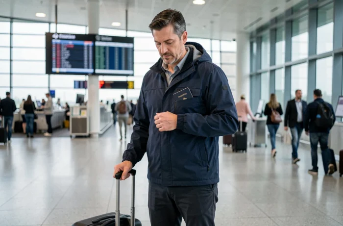 Homme rangeant son passeport dans un organisateur de voyage anti-RFID dans un aéroport