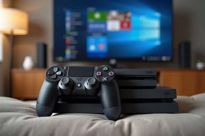 PS4 standard et PS4 Slim avec manettes DualShock 4 dans un salon moderne