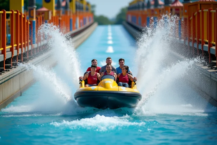Un bateau du manège aquatique Pulsar en pleine descente avec une énorme gerbe d'eau et des passagers hilares à Walibi Belgique