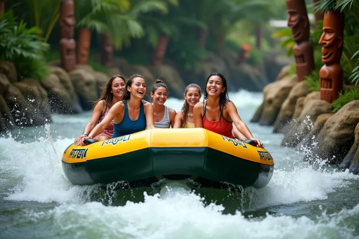 Un groupe de visiteurs sur le radeau circulaire du Radja River traversant les rapides tropicaux à Walibi Belgique