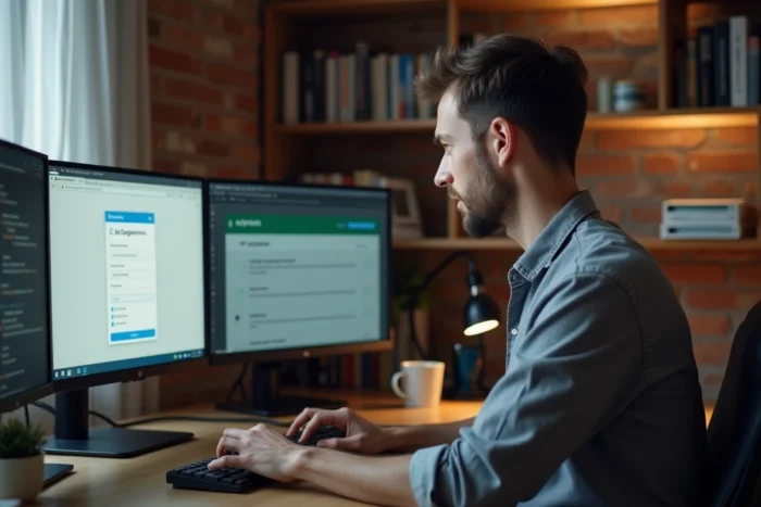 Homme réinitialisant son mot de passe sur le logiciel RH Octime depuis son bureau à domicile