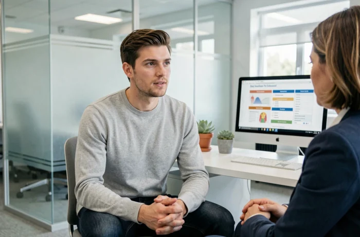 Jeune homme en rendez-vous avec une conseillère en mutuelle santé dans une agence moderne, pour choisir la meilleure couverture santé adaptée à ses besoins