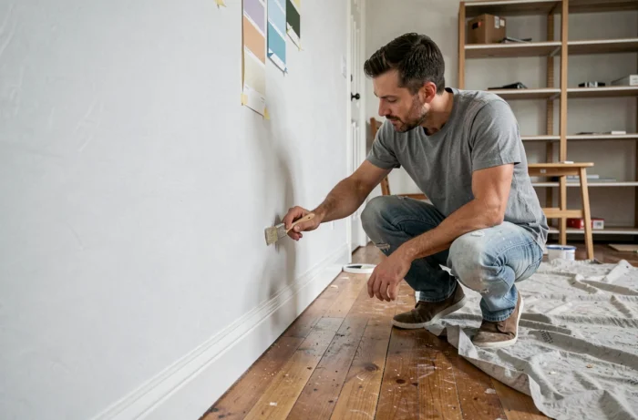 Homme en train de repeindre les plinthes d'un salon en rénovation dans un appartement urbain avec du matériel de bricolage au sol