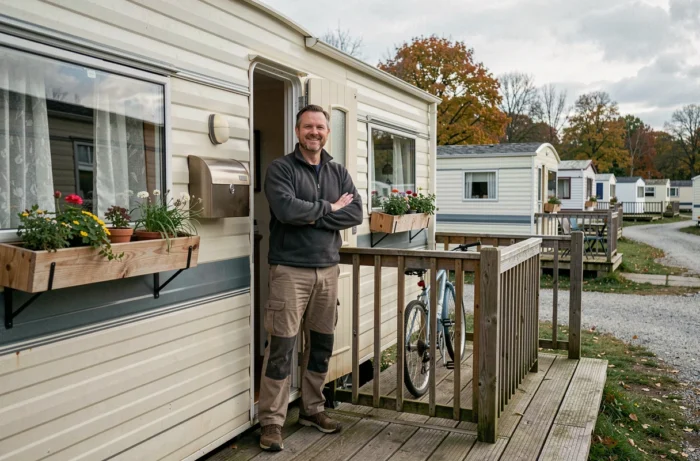 Homme vivant à l'année dans une caravane aménagée dans un camping avec boîte aux lettres et terrasse en bois