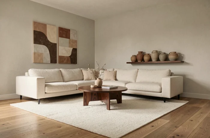 Salon moderne de style scandinave avec canapé en lin crème, table basse en noyer et décoration minimaliste en tons terre