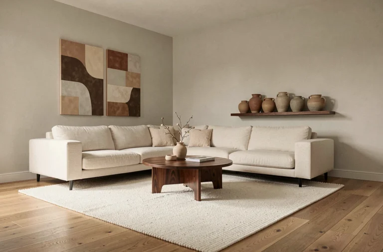 Salon moderne de style scandinave avec canapé en lin crème, table basse en noyer et décoration minimaliste en tons terre