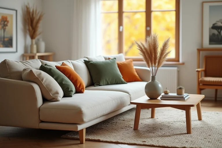 Salon scandinave décoré aux couleurs automnales avec canapé en lin, coussins terracotta et herbes de pampa séchées dans un vase en céramique
