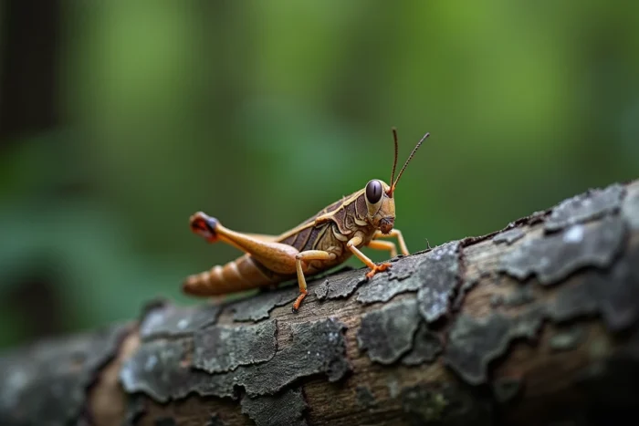 Sauterelle marron camouflée sur l'écorce rugueuse d'un vieux chêne en lisière de forêt, profil latéral détaillé