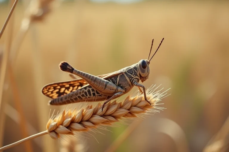Sauterelle marron perchée sur un épi de blé doré dans une prairie estivale, vue en contre-plongée macro