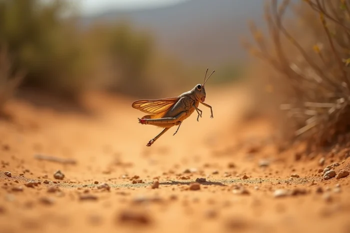 Sauterelle marron en plein saut au-dessus d'un chemin de terre sec dans un paysage méditerranéen aride