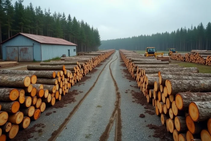 Stock de grumes de pin et d'épicéa empilées dans une scierie industrielle en zone forestière française