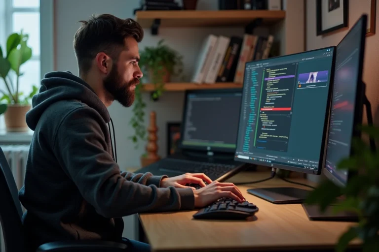 Homme utilisant un VPN sur son ordinateur pour télécharger des torrents en toute sécurité depuis son bureau à domicile