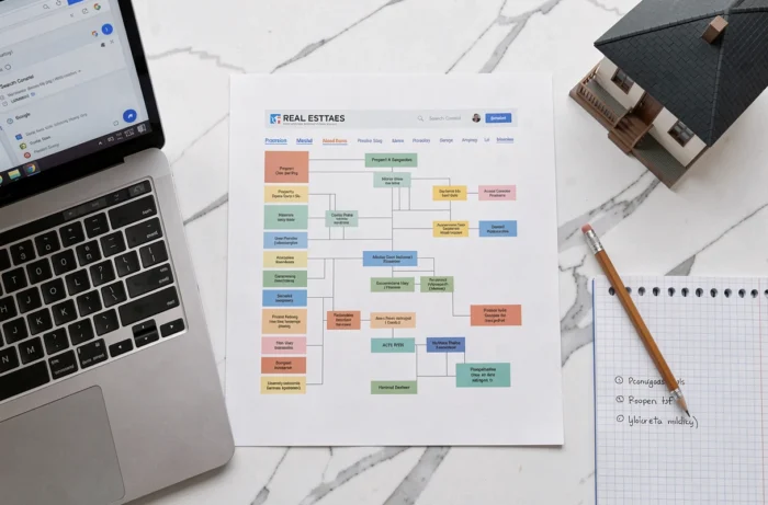Vue aérienne d'un sitemap imprimé pour site immobilier avec ordinateur portable et notes de navigation sur bureau en marbre