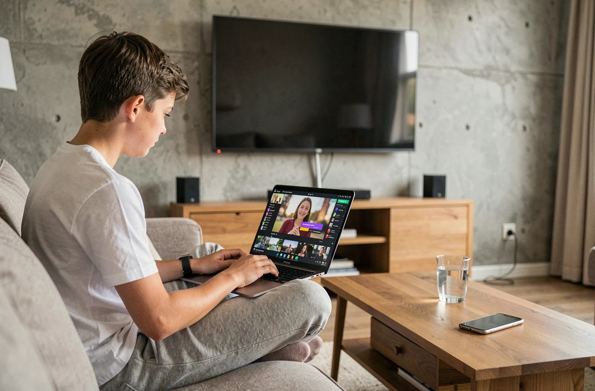 Adolescent regardant du contenu en streaming sur un ordinateur portable connecté en Wi-Fi dans un salon