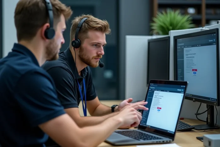 Technicien informatique aidant un collègue à débloquer son accès au logiciel de gestion des temps Octime
