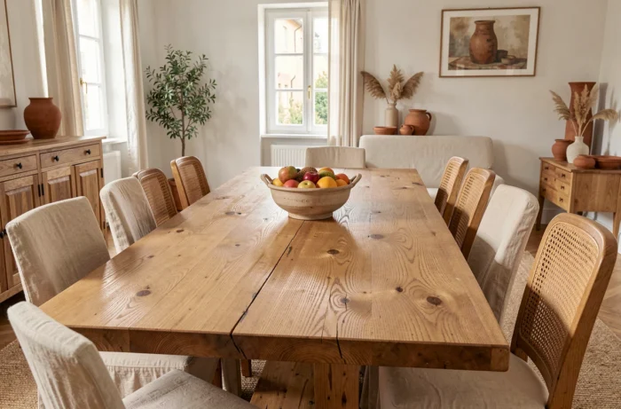 Grande table en bois brut en chêne massif comme pièce maîtresse d'un séjour chaleureux et élégant