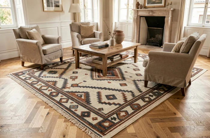 Tapis berbère à motifs géométriques en laine posé sur parquet en chêne ancrant une zone de vie dans un salon français