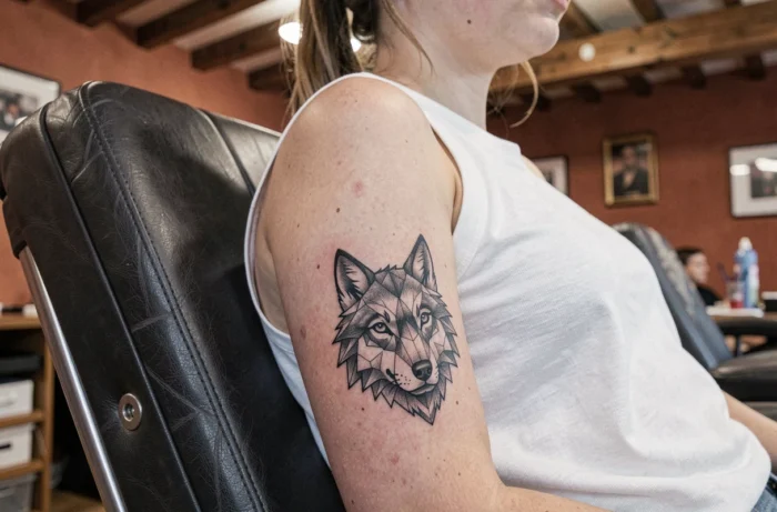 Tatouage géométrique loup en noir et gris sur le bras d'une femme dans un studio de tatouage chaleureux à Gaillac