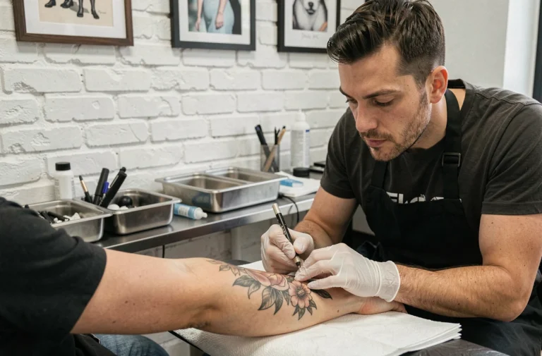 Tatoueur professionnel travaillant sur un tatouage floral sur l'avant-bras d'un client dans un studio de tatouage moderne à Gaillac