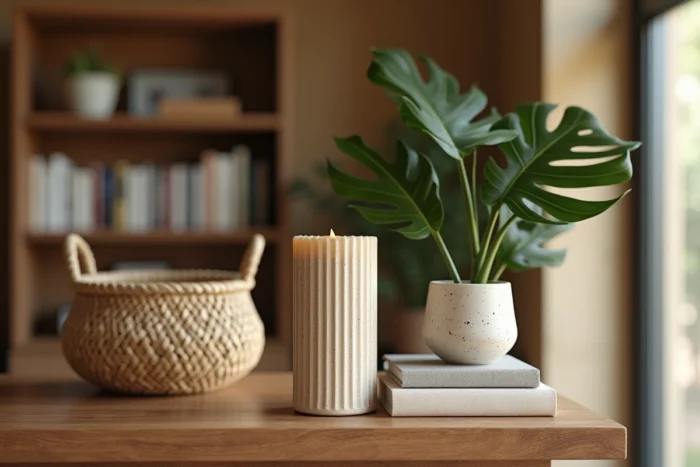 Étagère en bois flottant décorée avec un bougeoir en travertin, une plante monstera, des livres en lin et un panier en rotin, tendances décoration intérieure 2024