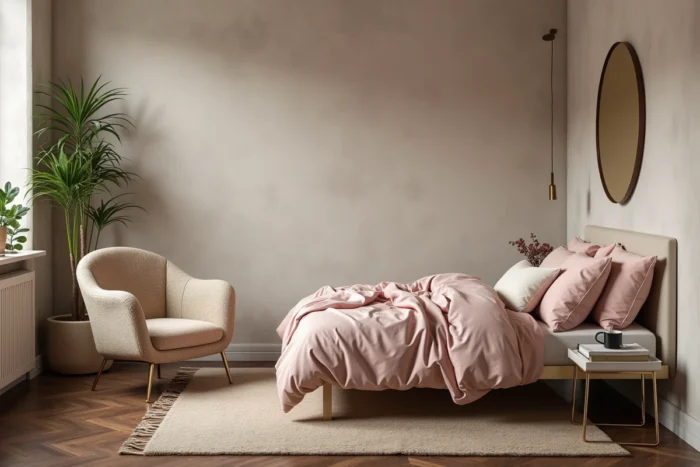 Chambre contemporaine avec lit plateforme en coton bio, fauteuil bouclé courbé et miroir rond à cadre en laiton brossé, nouvelles tendances de décoration intérieure