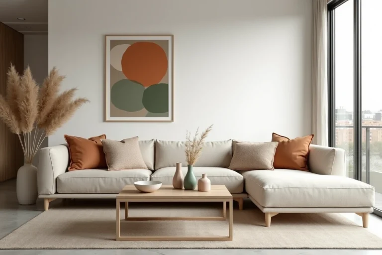 Salon moderne de style scandinave avec canapé en lin, table basse en chêne, vase en céramique et art mural en tons terreux, illustrant les tendances actuelles de la décoration intérieure