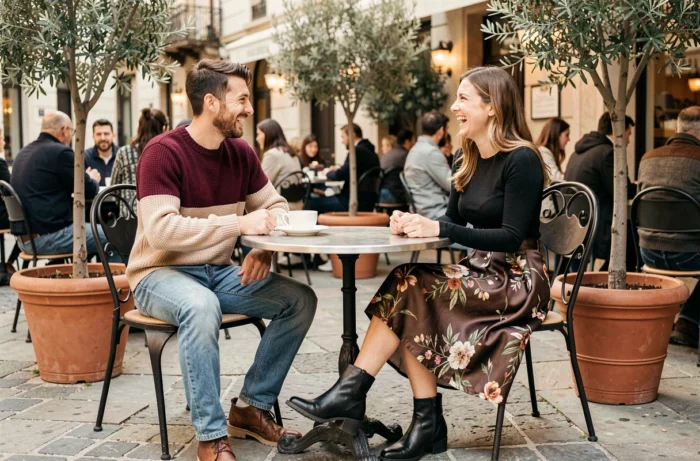 Deux amies tendance attablées en terrasse de café au printemps portant des tenues mode colorées, tendances mode printemps