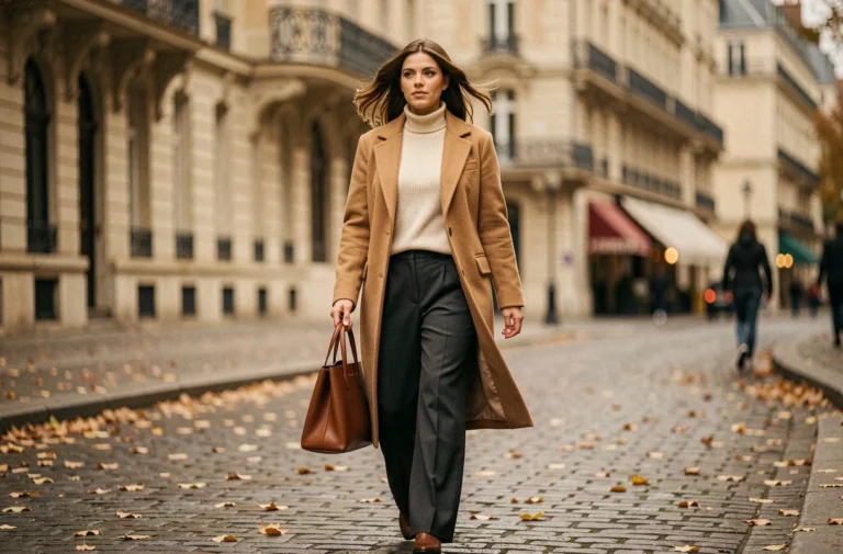 Femme élégante en manteau camel et pantalon large marchant dans une rue parisienne en automne, tendances mode femme